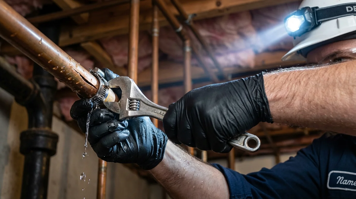 Emergency pipe clamp repair being performed by a Johns Plumbing LLC plumber in Forney
