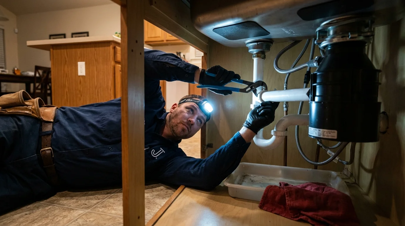 P-trap and supply line connections under a kitchen sink showing a common leak point in Forney, TX